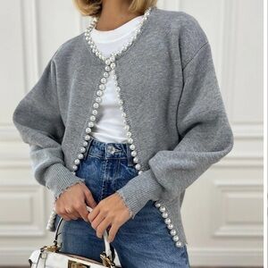 Pearl Trim Ripped Hem Cardigan Gray